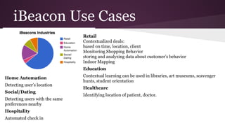 iBeacon Use Cases 
Retail 
Contextualized deals: 
based on time, location, client 
Monitoring Shopping Behavior 
storing and analyzing data about customer’s behavior 
Indoor Mapping 
Education 
Contextual learning can be used in libraries, art museums, scavenger 
hunts, student orientation 
Healthcare 
Identifying location of patient, doctor. 
Home Automation 
Detecting user’s location 
Social/Dating 
Detecting users with the same 
preferences nearby 
Hospitality 
Automated check in 
 
