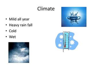Climate
•   Mild all year
•   Heavy rain fall
•   Cold
•   Wet
 