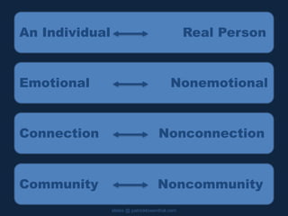 slides @ patricklowenthal.com
Emotional Nonemotional
Connection Nonconnection
Community Noncommunity
An Individual Real Person
 