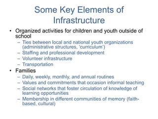 Some Key Elements of
Infrastructure
• Organized activities for children and youth outside of
school
– Ties between local a...