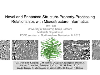 Novel and Enhanced Structure-Property-Processing
   Relationships with Microstructure Informatics
                             Tony Fast
              University of California Santa Barbara
                      Materials Department
         PSED seminar at Northwestern, November 8, 2012




     GA Tech: S.R. Kalidindi, D.M. Turner, LANL: S.R. Niezgoda, Drexel: A.
         Cecan, C. Kumbur, Teledyne: B. Cox, LLNL: H. Bale, ISU: O.
      Wodo, Basker G., Dartmouth: U. Wegst, OSU: H. Fraser, P. Collins
 