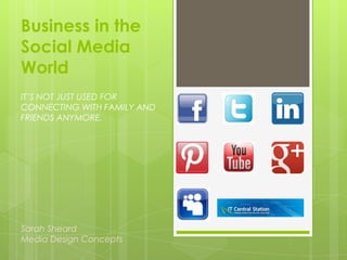 Business in the
Social Media
World
IT’S NOT JUST USED FOR
CONNECTING WITH FAMILY AND
FRIENDS ANYMORE.




Sarah Sheard
Media Design Concepts
 