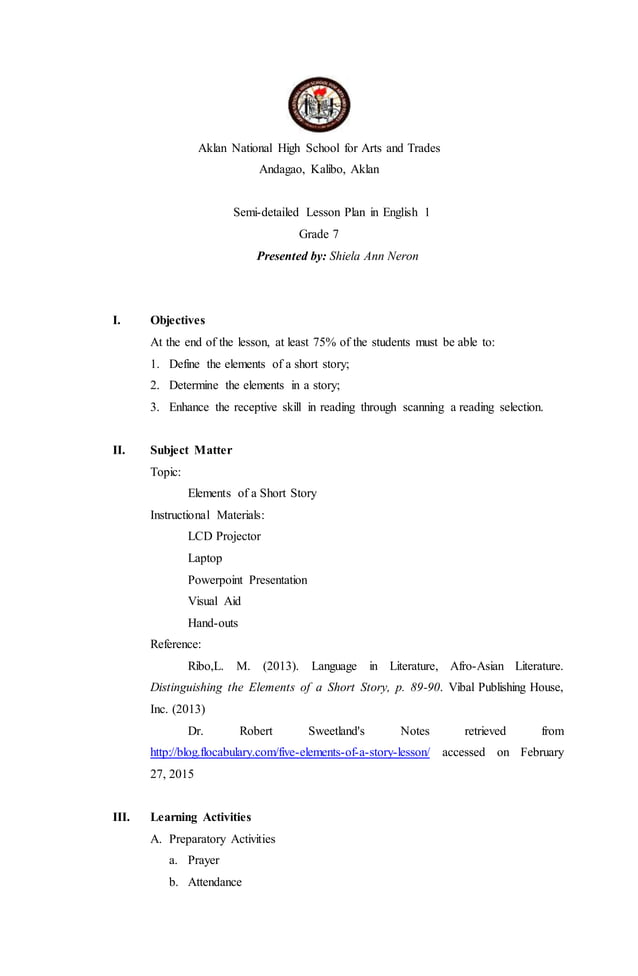 lesson plan in 3 Basic elements of a short story with examples PDF