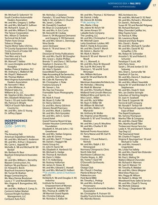 NORTHWOOD IDEA • FALL 2012
                                                                                                           www.northwood.edu                            17

Mr. Michael D. Solomich ‘10          Mr. Nicholas J. Castanos               Mr. and Mrs. Thomas J. ‘82 Keenan      REG Architects Inc.
South Carolina Automobile 	          Pamela L. ‘02 and Peter Christie       Mr. Patrick J. Kelly                   Mr. and Mrs. Michael O. ‘02 Reid
	 Dealers Association                Kelly S. ‘82 and John E. Church        Mr. Dennis M. Kimble                   Mr. and Mrs. Richard L. Rhinehart
Mr. and Mrs. Gregory S. Stiffler     Ms. Janet L. Collins                   [59]
                                                                                 Mr. Jack King ‘74                 Dr. David L. Richards, Jr.
Mr. and Mrs. Michael O. Sullivan     Mr. Donald B. Crawford                 Mrs. Marla J. King                     Susan M. ‘95 and Randel Ridgway
Mr. Richard K. Susan, Jr.            Mr. Brian D. Cruickshank ‘11           Ms. Jolene M. Kirsch ‘09               Mr. Richard Riemann
Mr. and Mrs. William D. Swan, Jr.    Mr. and Mrs. H. Eric Curtis            Mr. James Kovacs ‘01                   Riley Chevrolet Cadillac Inc.
The Tancor Corporation               Mr. Kenneth M. Czubay                  Labadie Auto Company                   Riley Toyota Scion
Mrs. Allison D. Tardonia             Dawn A. ‘04 Musgrave-Demarest          The Landing, LLC                       Dr. Patricia A. Riley
Technical Hot & Cold                      and Gregory S. ‘09 Demarest       Mr. and Mrs. Christopher P. Lanza      Mr. Lawrence Ripak
Thelen Auto Group                    Mr. and Mrs. Steven L. Dennings        Mr. Mitchell Lipon                     Edward and Elyse Rogers
Tobacco Shoppe                       Nina Derda                             Letty Goodman Lutzker, MD              Mrs. David L. Rooke
Toyota Motor Sales USA Inc.          Jaron Deshazor                         Mark E. Hardy & Associates             Mr. and Mrs. Michael R. Sandler
Tri-County Equipment-Sandusky        Karen A. ‘78 and Steve J. ‘79          Mr. and Mrs. David F. Marsh            Mr. and Mrs. David W. ‘82
Trinity Church of Cedar Hill              Detjen                            Mr. Kelvin L. Martin ‘02                  Schaeffer, C.P.A.
TRW Automotive                       Diocesan & Trinity Publications        Mr. Mark A. Martin                     Ms. Robyn M. Schneider
Two Men and a Truck                  Mr. and Mrs. Paul B. ‘80 Dougher       Bonnie R. ‘85 and Warren E. ‘07        Annette S. ‘82 and Robert E.
International, Inc.                  Mrs. Grace L. Dubie-Phillips                Mault                                Schunter
Mr. Manuel T. Valdez                 Brenda ‘71 and Dana J. ‘98 Dunbar      Mr. J. L. Maxwell, Jr.                 Penelope P. Scott, MD
Dr. Laura Vosejpka and Mr. Paul 	    Stephen E. Durance, P.C.               Mr. and Mrs. Ross W. Maxwell           Sid’s Party Store
	Vosejpka                            John Eagle European, LLC               Ms. Suzi M. McCreery ‘95               Sarah L. ‘04 and Jordan D. ‘03
Walker, Fluke & Sheldon, PLC         Mr. Alan S. Epstein                    Shannon L. ‘93 and W. Scott               Solowiej
Mr. Anthony C. Wallerich ‘86         ExxonMobil Foundation                       McGregor                          Mrs. Sheri L. Somerville ‘98
Mr. Floyd E. Walsworth               Fales Accounting & Tax Service Inc.    Mrs. William McGuire                   Stanford LP Gas Inc.
Mr. Thomas Walton                    Dr. and Mrs. Tom Feltenstein           Janet M. ‘04 and Martin W.             Mr. and Mrs. Dennis F. Stedman
West Virginia Automobile & Truck 	   Mr. Colin M. Flannery ‘00                   McGuire                           Steenblik Dairy, Inc.
	 Dealers Association                Mr. Christopher J. Fluke               Merriman Associates/Architects, Inc.   Mr. and Mrs. Albert Steenblik
Mr. Kenneth F. West                  Fostoria Grocery II                    Mr. Nicholas J. Messing                Stacey M. ‘07 and Brendan A. ‘07
Dr. John Whitecar, Jr.               Mr. Steven L. Fox                      Mr. Mark W. Messner                       Stephenson
Wieland Sales Inc.                   Ms. Kay Cee Fracassa                   Mr. and Mrs. Timothy D. Meyer          Mr. and Mrs. Doak R. Stolz
Williams & Co., LLC                  Frameable Faces Photography            Midland Ford-Lincoln-Mercury           Mrs. Jan Dedrie Strimple
Mr. Stephen & Mrs. Dena Wirt         Fras - Le                              Midland Wine and Spirits, Inc.         Suburban of Sterling Heights
Mrs. Elizabeth Wiskemann             Mr. Mark R. Freed                      Miss Carol L. Miller                   Dr. Joan H. Swalwell
Tracie J. ‘05 and Justin Wood        Mr. Bryan D. Fuller ‘08                Mr. and Ms. Jack Miller                Mr. Dave R. Szyperski ‘08
Ms. Patricia D. Wright               Dr. Henry Gilchrist                    Mr. Ryan H. Miller ‘08                 Tennis & Golf Company
YMCA of South Palm Beach 	           Dr. and Mrs. Henry Gilchrist           Mr. William W. Mitchell                Mr. Ronald F. Terlizzi ‘69
	 County Inc.                        Glovers Rexall Pharmacy                Mr. and Mrs. Walter J. ‘61             The Frankenmuth Jaycees World
Mr. and Mrs. John O. Young           Dr. and Mrs. Mark J. Goethe                 Mlynarski                            Expo of Beer
Dr. Jeffrey Zipper                   Mr. and Mrs. Rick Gonzalez             Mr. Anthony M. Moller                  The Rapid Employees
                                     Mr. and Mrs. John C. Gorte             Ms. Virginia Lenze Moretto             Ms. Tammy Thompson
                                     Grand Hotel                            Deborah G. ‘87 and Timothy D. ‘88      Martha Tiller & Company
Independence                         Grand Traverse Resort & Spa                 Moshier                           Mr. and Mrs. David Tiller
Society                              Greater Houston Community              Mr. and Mrs. Larry R. Moultine         Mrs. Martha Rusell Tiller
($250 - $499.99)                          Foundation                        Mr. and Mrs. Charles R. ‘69            Timbercrest Horse Farm Inc.
                                     Elizabeth A. ‘04 and John J. ‘02            Murdoch                           Leslie A. ‘93 and Daniel F. Toland
AIG                                       Gresehover                        National Pronto Association            Top Dog LLC
The Amazing Deli                     Mr. and Mrs. Stelian Grigoras          Dr. Terry Neese and Mr. Earl N.        The Townsend Hotel
American Expedition Vehicles         Ms. Julie M. Grimes                         Neese                             Mr. Charles P. Trapani
Mr. and Mrs. Michael G. Anderson     Mr. and Mrs. Neil F. ‘71 Haack         Cristine L. ‘72 and Robert L.          Virginia R. Baumgartner ‘ 95 and
Mr. and Mrs. Arthur I. Anguiano      Mr. Daniel J. Haggart ‘86                   Nichols                              Michael D. Tuttle
Ms. Carrie L. Appold ‘84             Hantz Group Inc.                       Mr. and Mrs. Ralph J. ‘83              Mr. and Mrs. Howard I.
Michelle A. ‘88 and Michael W. ‘89   Dr. John R. Hantz ‘84                       Nimergood                            Ungerleider
   Bardzil                           Ms. Elizabeth A. Hardwick ‘02          Normany Chiropractic Clinic            Ms. Linda Fox Vallely
Ms. Barbara N. Baur                  Mr. Michael G. Hedge                   North Side Deli                        Mr. and Mrs. David Van Elslander
Bayshore Enterprises & Associates    Mr. Thomas B. Henstock                 Northtown Collision Inc.               Mr. Merle Wait
   LLC                               Mr. Darin S. Hibbs                     Charles Noyes, Jr., MD                 Mr. Paul J. Waling ‘04
Mr. and Mrs. William L. Bernethy     Mr. F. H. Hollenberg                   Ms. Yvette T. Oard ‘99                 Walters Elkland Chevrolet
Blazzen Construction, Inc.           Mr. Rodney Holloman                    O’Donnell’s Earthworks                 Mr. Richard H. Warman
Kathryn ‘96 and Byron L. Bolton      Mr. James H. Howe, III                 Onesole                                Mr. Sam D. Watson ‘10
Dr. Howard E. Borck                  Mr. and Mrs. Edward C. Howell          Otsego Club                            Mr. Timothy R. Webber
Boychuck Insurance Agency            Mr. and Mrs. Michael D. Hulbert        Ms. Cheryl J. Overbay                  Mr. and Mrs. Glenn Wegner
Mr. Turner M. Bratton                [59]
                                          Dr. and Mrs. James O. Hutcheson   Plante & Moran PLLC                    West View Plaza LLC
Briggs Contracting Inc.              IACI LTD                               Poletector.com                         Mrs. Peggy M. Wilson
Ms. Mary Denise Brockman             Kimberly K. ‘86 and Douglas A. ‘85     Pork Barrel BBQ                        Mr. Robert G. Wisler ‘09
Laura J. ‘11 and Ronald Browne            Indovina                          Mr. Timothy L. Prokop                  Woodward Auto Sales & Service
Mrs. Virginia R. Bumgardner, MS,     Institute for Economic                 Mr. and Mrs. Anthony F.                Mr. and Mrs. Cloyd D. Young
   RN ‘96                                 Empowerment of Women                   Provenzano                        Ms. Michele Zabawa
Mr. and Mrs. Wallace E. Camp, Sr.    Dr. Joseph W. Jackson, DDS             Puget Sound Automobile Dealers         Mr. Doug J. Ziegenbein ‘88
Cantoro’s Italian Market             Mrs. Thomas B. Jolliffe ‘04                 Association
Caravan/Knight Facilities            JW Marriott Grand Rapids               Mr. Christopher R. Putnam ‘05
   Management, LLC                   Ms. Christine Kaliszuk                 Quality Truck & Auto Accessories
CarQuest Auto Parts                  Mr. Nicholas G. Kallas ‘04             Ms. Mamiko Reeves
 