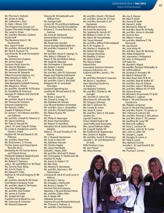 NORTHWOOD IDEA • FALL 2012
                                                                                                            www.northwood.edu                                19


Mr. Thomas E. Dobson                    Victoria M. ‘94 Galbraith and         Mr. and Mrs. David J. ‘93 Hood       Ms. Joy G. Keever
Mr. James A. Doig                          William Fick                       Mr. and Mrs. James M. ‘01 Hop        Mr. Alan R. Keith
Ms. Catherine L. Dorr                   Mr. George Galic                      Mr. and Mrs. Kenneth G. ‘87          Ms. Teresa M. Keith
Dr. Dale J. Moser, O.D.                 Jo Ann M. ‘95 and Bruce Galloway         Horbatiuk                         Mr. Daniel C. Kelly
The Dragos/Levy Group, LLC              The Gardner Family Foundation         Mr. Michael R. Horner                Mr. Michael G. Kelly ‘87
Draper Chevrolet Dodge Toyota           Kristine S. ‘75 and Richard L.’76     Mr. Erwin W. Hornung                 Mr. and Mrs. Ryan M. ‘89 Kelly
Ms. Janet G. Dryer                         Gartner                            Ms. Sedonia M. Horton ‘07            Mr. and Mrs. James A. Kendall
Mr. and Mrs. Ronald J. Dubrul           Mr. Irwin W. Gebhardt                 Mr. William F. Hoth, Jr. ‘79         Mr. Scott A. Kerr
Ducks Golf                              General Electric Foundation           Mr. Glenn W. Householder             Mr. Albert F. Kessel
The Reverend John E. ‘90                General Mills                         Ms. Tonya Howard                     Mr. and Mrs. Matthew T. ‘98
    Duckworth                           Ms. Rosemary Gensler                  Mr. and Mrs. Jeffrey R.’96 Hubbard      Kimmerle
Mrs. Joyce P. Duke                      Victor George Oldsmobile Inc.         Mr. R. M. Hughes, Jr.                Mr. Jay Kinard
Mr. and Mrs. Richard W. Duncan          Mr. and Mrs. Frederick T. ‘84         Ms. Marilyn J. Hughey ‘01            Ms. June Kirby ‘87
Mr. Paul K. Duncan ‘73                     George                             Mr. Robert M. Hugo                   Mr. and Mrs. Sean M. ‘88 Kirby
Sue Anne M. ‘85 and Christopher         Mr. and Mrs. Victor E. George, Sr.    Mr. George Huisman                   Ms. Adele Kirkpatrick
    Dunleavy                            Mrs. Betty J. Gillespie ‘12           Mr. Bradley S. Hynes                 Ms. Jeannette J. Kirkpatrick
Ms. Johnita Ann Duykers                 Karen R. ‘06 and Robert Gilroy        Mr. Glenn Imken                      Mr. John A. Kirkpatrick
Mr. James Dygert                        Mr. Hugh M. Gleason                   Ms. Nancy Imken                      KJP Sales Inc.
Eastman Party Store Inc.                Mr. Christopher J. Glowacki           Inland Press                         Mr. Ronald S. Klepal
Mr. Alan W. Eberlein                    Mr. Robert J. Goble                   Innovative Solution Advisors         Mr. and Mrs. Thomas I. ‘90 Knedler, Sr.
Mr. and Mrs. Matthew Eddy               Dr. Roy M. Goethe                     Iroquois Industries, Inc.            Mr. Jeff Knoblock
Mr. Herman M. Edwards                   Mr. and Mrs. John R. Gohmann          Colonel and Mrs. James L. ‘94        Mr. Andrew D. Knowles ‘90
Eilber Insurance Agency, Inc.           Roger and Virginia Gohrband              Irwin                             Mr. Mark R. Kohout ‘00
Miss Natasha A. Elder ‘11               Mr. and Mrs. Harry B. Gough           Mr. and Mrs. Ronald H. Isaacson      Ms. Mun Kuan Kok ‘04 & ‘05
Mr. Fred R. Elias, Jr. ‘67              Mr. and Mrs. Colin S. ‘84 Grahl       Mr. Bruce C. Jacobsen                Mr. and Mrs. Kyle M. Kolbe ‘07
Elite Baseball & Softball Training      Bridgette M. ‘91 and Keith            Jay’s Sporting Goods Inc.            Mr. and Mrs. Gary B. Kolesar
Ms. Marjorie L. Elmes                      Gransden                           JL Foods Inc.                        Mr. and Mrs. John P. ‘80 Konop
Mr. and Mrs. Gerald W. ‘93 Eluskie      Graward Operating Inc.                Joe Bologna Trattoria                Mr. and Mrs. William M. ‘07 Krill
Dr. Geraldine M. Emerson                Cynthia M. ‘99 and John D. ‘93        Mr. and Mrs. Charles D. ‘98          Ms. Nancy Krouse
Georgia ‘01 Abbott and David W.            Grether                               Joeright                          Mr. Michael J. Krzyminski ‘07 & 09
    ‘01 Emmel                           Mr. Brian J. Greve ‘91                Ms. Jennifer D. Johns ‘00            Mr. William C. Laderer
Mr. and Mrs. Brad A. Emslie             Ms. Cheryl G. Grigg ‘10               Miss Dawn B. Johnson ‘88             Marie C. ‘90 and Dominic ‘88
Mr. Thomas M. Erickson                  Ms. Kathleen M. Grimes                Mr. Gregory Johnson                     Caradonna
Extreme Coating’s Inc.                  Lisa ‘08 and Norbert Gromelski        Mr. Van F. Johnson ‘92               Ms. Natalie Lampman
Mr. Patrick J. Faber                    Mr. and Mrs. Gary L. Grosteffon       Ms. Candy M. Jones                   Susan D. ‘00 and Paul Landes
Joseph R Fabiano II Trust               Mr. and Mrs. Richard Gubitosi         Ms. Janet A. Jones                   Mr. and Mrs. Paul A. ‘72 Larson, Jr.
Dr. James C. ‘62 Fabiano and Mrs.       Ms. Melva Guerra ‘94                  Mr. and Mrs. John A. ‘82 Joslin      Mrs. Patricia R. Latham ‘68
    Lee Fabiano                         The H                                 Jostens Inc.                         Mr. and Mrs. Thomas S. ‘69 Latham
Mr. and Mrs. Joseph R. Fabiano, II      Mr. Philip R. Haensgen                Joyride Travel, Inc.                 Mr. and Mrs. Brian C. ‘95 Lawton
Mr. Glenn Farthing                      Mr. Kevin Paul Hamilton               Prince Khalid Kadrie ‘08             Mr. Geoffrey W. Lazar ‘99
Mr. Tyler D. Faruzzi ‘05                Mr. Robert D. Hamilton                Janet Kafka and Associates           Mr. Reece M. LeBlanc
Julie L. ‘01 and Craig W. Felske        Hampton Inn & Suites/Sterling         Mrs. Janet Pollman Kafka             Mr. Tony C. Lechner ‘81
Dr. Linda A. Henderson and Dr.             Heights                            Mr. Craig M. Kahila ‘93              Mr. and Mrs. John M. ‘81 Leese
    Daniel J. Fields                    Debra L. ‘70 and Timothy D. ‘70       Mr. Frederick M. Kapetansky          Mrs. John A. Lefler ‘99
Heather M. ‘04 and Derek D. ‘05            Hanna                              Mrs. Sandra H. Kaplan                Mr. Joseph C. Lepak
    Fillmore                            Mr. J. Howard Hanneman                Mr. and Mrs. Scott R. ‘85 Kareus     Mr. Douglas R. Lewis, Jr.
Mr. and Mrs. Peter Fink                 Mr. Scott A. Hans ‘85                 Jennifer L. ‘01 and Benjamin D.      Mr. Toby R. Lewis
Mr. Redmond C. S. Finney                Ms. Kathleen Hansen                      ‘01 Katt                          Mrs. Barbara Lincoln
Fischer Garon and Hoyumpa &             Mr. Charles Hapke                     KDG Finishers Corp.                  Jennifer L. ‘81 and David R. ‘82
    Rancilio, PLLC                      Ms. Joyce Hartsfield                  Mr. Joe P. Kean                         Lineberry
Kimberley M. ‘93 Fischer-Kinne          Donald L. Hayes, DDS                  Ms. Mary Keenan                      Mr. Thomas F. Linnen
    and Patrick Kinne                   Mr. and Mrs. Michael D. Hayes
Fishbone’s Seafood, Steaks & Sushi      Mr. Christopher A. Heathcock ‘98
Mrs. Mary Ann Flaminio                  Heather N. Holly
Mr. Robert F. Flannery                  Mr. Aaron D. Hebert ‘10
Julie L. ‘85 and William H. ‘83 Fleck   Mr. Ben Heer
Ms. Tammy Fleyr Alexy                   Ms. Martha A. Heimberg
Ms. Erin N. Fluke ‘11                   Mr. and Mrs. Norman L. ‘80
Mr. Edward T. Foltz                        Heinemann
Kathryn A. ‘09 and Gregory D. ‘86       Christine M. ‘04 & ‘07 and Larry H.
    Foote                                  Helmes
Mr. and Mrs. Randy W. ‘84 Foote         Dr. Richard J. Henry
Ford Motor Company Fund                 Mr. Douglas J. Hentschel
Mr. and Mrs. Mark A. ‘04 Foster         Mr. Bruce S. Hepler ‘77
Four Star Mortgage                      Herman Hiss & Company
Mr. and Mrs. Dan Fowler                 Marietta J. ‘06 and Richard Hicks
Mr. James A. Fowler                     Mr. and Mrs. Eldon Hiler
Mr. Joseph M. Frad                      Mr. A. Wade Hill
Franklin Iron & Metal Co., Inc.         Hillsdale Terminal
Mr. Cameron B. Freeman                  Sabrina ‘04 and Michael Hitchcock
Mr. Ryszard Gajewski                    Mr. Thomas E. Holmes, Jr.
                                        Mr. and Mrs. Paul Holyszko
 