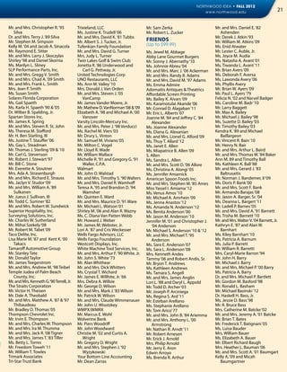 NORTHWOOD IDEA • FALL 2012
                                                                                                                 www.northwood.edu                            21


Mr. and Mrs. Christopher R. ‘95            Trixieland, LLC                         Mr. Sam Zerka                        Mr. and Mrs. Daniel E. ‘82
   Silva                                   Ms. Justine K. Trudell ‘06              Mr. Robert L. Zucker                    Ashenden
Dr. and Mrs. Terry J. ‘89 Silva            Mr. and Mrs. David K. ‘81 Tubbs                                              Mr. Derek J. Atkin ‘93
Mr. Stephen M. Simpson                     Mr. Albert S. J. Tucker, Jr.            Friends                              Mr. William M. Atkins ‘09
Kelly M. ‘04 and Jacob A. Sinacola         Tufenkian Family Foundation             (Up to $99.99)                       Ms. Enid Atwater
Mr. Raymond E. Sitter                      Mr. and Mrs. David G. Turner            Ms. Jewel M. Abbage                  Mr. Lester C. Auble, Jr.
Mr. and Mrs. Larry J. Skoczylas            Mrs. Judy L. Turner                     Abby Lane Gourmet Burgers            Ms. Joyce M. Audia
Shirley ‘98 and Daniel Skornia             Twin Lakes Golf & Swim Club             Mr. Sonny J. Abernathy ‘10           Ms. Natasha A. Avant ‘01
Ms. Marilyn L. Sliney                      Jonetta R. ‘86 Underwood and            Ms. Johnnie Abreu ‘04                Ms. Tiwanda L. Avant ‘11
SLP Performance Parts, Inc.                   Carl G. Pettway, Jr.                 Mr. and Mrs. Marc J. ‘06 Ackerman    Mr. Brian Avers ‘09
Mr. and Mrs. Gregg V. Smith                United Technologies Corp                Mr. and Mrs. Randy R. Adams          Ms. Deborah F. Aversa
Mr. and Mrs. Chad A. ‘09 Smith             UNO Restaurants, LLC                    Mr. and Mrs. David M. ‘97 Adams      Ms. Lawonda Avery ‘06
Mr. and Mrs. Frank L. Smith                Ms. Ann M. Valley ‘10                   Ms. Emma Admire                      Ms. Phyllis Avery
Mrs. Jean P. Smith                         Mrs. Donald J. Van Orden                Adomaitis Antiques & Theatrics       Mr. Brian W. Ayers ‘09
Ms. Susan Smith                            Mr. and Mrs. Steven J. ‘05              Affordable Screen Printing           Mr. Paul L. Ayers ‘79
Solares Florida Corporation                   VanCamp                              Ms. Bailey K. Aivars ‘09             Felicia N. ‘02 and Narvel Badger
Ms. Gail Spaeth                            Mr. James Vander Moere, Jr.             Ms. Karamotulai Akande ‘06           Ms. Caroline M. Badr ‘10
Ms. Karla H. Spaeth ‘90 & ‘05              Mr. Mathew D. VanNorman ‘08 & ‘09       Mr. Conrad D. Alagaban ‘11           Mr. Larry Baggett
Dr. Wilber B. Spalding, Jr.                Elizabeth A. ‘98 and Michael A. ‘00     Mr. Eric L. Alberts ‘07              Mr. Max A. Bailey
Spartan Stores Inc.                           Vanover                              Joanne M. ‘84 and Jeffrey C. ‘84     Mr. Michael J. Bailey ‘98
Mr. James K. Spring                        Varsity Lincoln-Mercury Inc.               Alexander                         Ms. Suzette D. Bailey ‘03
Mr. and Mrs. Steven R. St. John            Mr. and Mrs. Peter J. ‘98 Verducci      Ms. Joanne Alexander                 Mr. Timothy Bailey ‘03
Ms. Theresa M. Stafford                    Ms. Rachel M. Viers ‘03                 Ms. Diana G. Alexanian               Kendra K. ‘89 and Michael
Mr. H. Ben Starling, III                   Mr. Drury L. Vinton                     Mr. and Mrs. Lionel G. Alford ‘09       Baillargeon
Ms. Justine T. Stauffer ‘06                Mr. Samuel M. Viviano ‘05               Ms. Thuy T. Allard ‘12               Mr. Vincent R. Bain ‘10
Ms. Gay L. Steadman                        Mr. Milton C. Vogel                     Ms. Janet E. Allen                   Mr. Henry N. Bair
Mr. Thomas J. Sterling ‘09 & ‘10           Mr. Lloyd R. Wade                       Ms. Miapatrice B. Allen ‘09          Mr. and Mrs. Arthur L. Baird
Mr. Carl G. Stevenson                      Mr. William Wallace                     S. Allen                             Mr. and Mrs. Thomas W. ‘84 Baker
Mr. Robert J. Stewart ‘97                  Michelle R. ‘91 and Gregory G. ‘91      Ms. Sandra L. Allen                  Ann M. 89 and Timothy Ball
Mr. Bill C. Stone                             Waller, C.P.A.                       Mr. and Mrs. Scott D. ‘06 Allore     Ms. Kathleen K. Ball ‘88
Mr. Everette A. Stoutner                   Walmart                                 Ms. Christina A. Alongi ‘05          Mr. and Mrs. Gerard J. ‘83
Mrs. Ada A. Strasenburgh                   Mr. John O. Walstad                     Ms. Jennifer Amarnick                   Baltrusaitis
Mr. and Mrs. Richard E. Strauss            Mr. and Mrs. Timothy S. ‘90 Walters     American Spoon Foods Inc.            Mr. Norman J. Bandemer, II ‘09
Ms. Jaclyn V. Studor ‘09                   Mr. and Mrs. Daniel R. Wamhoff          Mr. and Mrs. Stephen M. ‘85 Ames     Ms. Doris P. Bank ‘00
Mr. and Mrs. William A. ‘89                Teresa A. ‘95 and Brandon D. ‘94        Miss Yassel I. Amiama ‘12            Mr. and Mrs. Scott F. Bank
   Sulkanen                                   Wamsher                              Ms. Venus Amos ‘10                   Mr. Armando Barajas ‘08
Mr. Jueus J. Sullivan, III                 Mr. Quinten E. Ward                     Mr. Michael A. Amrhein ‘09           Mr. Jason A. Barger, Sr. ‘04
Mr. Todd C. Sumner ‘82                     Mr. and Mrs. Maurice D. ‘91 Ware        Ms. Jenna Anastos ‘12                Ms. Deanna L. Bargert ‘11
Mr. and Mrs. Robert W. Sundwick            Mr. Michael L. Watson ‘01               Ms. Amanda N. Anderson ‘12           Mr. Ladell P. Barnes ‘05
Superior Hospitality, Inc.                 Shirley M. ‘06 and Alan R. Wazny        Ms. Benita Anderson ‘00              Mr. and Mrs. David A. ‘91 Barnett
Surveying Solutions, Inc.                  Ms. C. Diana Van Patten Webb            Mr. Jason M. Anderson ‘10            Ms. Trisha M. Barnett ‘10
Mr. Charles W. Sutherland                  Mr. Howard J. Weber                     Jennifer M. ‘01 and Christopher J.   Mr. and Mrs. Walter V. ‘04 Barnett, Jr.
Mr. Mihai Szekely ‘08                      Mr. James M. Webster, Jr.                  ‘04 Anderson                      Kathryn E. ‘87 and Alan W.
Mr. Robert M. Tabet ‘09                    Lori A. ‘87 and Cris Weckesser          Mr. Michael S. Anderson ‘10 & ‘12       Barnhart
Taco Delite, Inc.                          Wells Fargo Advisors, LLC               Mr. and Mrs. Michael T. ‘95          Ms. Kiley Barnhart ‘10
Lisa Marie M. ‘87 and Kent K. ‘00          Wells Fargo Foundation                     Anderson                          Ms. Patricia A. Barnum
   Takacs                                  Westcott Displays, Inc.                 Ms. Sara E. Anderson ‘07             Ms. Julia P. Barrett
Tamaroff Automotive Group                  White Machine Tool Services, Inc.       Ms. Sara L. Anderson ‘08             Mr. William R. Barretti
Mr. Stanley Tate                           Mr. and Mrs. Arthur F. ‘90 White, Jr.   Mrs. Kenneth Andes                   Mrs. Caryl-Marie Barron ‘94
Mr. Donald Taylor                          Mr. John S. White ‘73                   Tammy ‘06 and Robert Andis, Sr.      Mr. John H. Barry
Mr. James Teegerstrom                      Mr. Alan Whithear                       Mr. Bryon T. Andrews                 Mr. Michael J. Barry
Mr. and Mrs. Andrew M. ‘98 Teibel          Mr. and Mrs. Dick Whitters              Ms. Kathleen Andrews                 Mr. and Mrs. Michael P. ‘00 Barry
Temple Judea of Palm Beach                 Ms. Crystal T. Wichard                  Ms. Tamara S. Angell                 Ms. Patricia A. Barry
   County, Inc.                            Mr. James E. Willhite, Jr. ‘66          Mr. and Mrs. James Anglin            Dr. and Mrs. Michael P. Bartlett
Mr. and Mrs. Kenneth G. ‘90 Terrell, Jr.   Mrs. Debra A. Willsie                   Lori L. ‘88 and Daryl L. Appold      Mr. Gordon M. Basford ‘98
The Straits Corporation                    Mr. George D. Wilson                    Mr. Todd D. Archer ‘03               Mr. Ronald L. Basham
Mr. Victor H. Theisen                      Mr. and Mrs. Mark J. ‘83 Wilson         Mr. Joseph P. Arciniega              Mr. Michael Basinski ‘12
Mr. Dale A. Theobald                       Mr. Patrick W. Wilson                   Ms. Regina S. Ard ‘11                Dr. Haskell H. Bass, Jr.
Mr. and Mrs. Matthew A. ‘87 & ‘97          Mr. and Mrs. Claude Wimmenauer          Mr. Esteban Arellano                 Ms. Jessie D. Bass ‘98
   Thibaudeau                              Mr. John U. Wisotzkey                   Ms. Stephanie Arellano               Mr. R. Bruce Bass
Mr. Bradley D. Thomas ‘05                  WMPX/WMRX                               Mr. Tom Arico’ 77                    Mrs. Catherine M. Batcke ‘02
Thompson Chevrolet Inc.                    Mr. Marcus E. Wohl                      Mr. and Mrs. John B. ‘84 Ariemma     Mr. and Mrs. Jeremy A. ‘01 Batcke
Mr. Irvin E. Thompson                      Wolverine Bank                          Mr. and Mrs. Anthony L. ‘00          Mr. Brian T. Bates
Mr. and Mrs. Charles W. Thompson           Mr. Piers Woodriff                         Armstrong                         Mr. Frederick T. Batignani ‘05
Mr. and Mrs. Ira M. Thumma                 Mr. John Woodward                       Mr. Nathan R. Arndt ‘11              Ms. Luisa Bauder
Mr. and Mrs. Jack R. ‘08 Tigner            Christie M. ‘02 and Curtis A.           Mr. Robert Arnesen                   Mrs. William Bauer
Mr. and Mrs. James T. ‘83 Tiller              Wright                               Mr. Erick J. Arnold                  Ms. Elizabeth A. Bauer
Ms. Betty L. Torres                        Mr. Gregory D. Wright                   Mrs. Philip Arnold                   Mr. Elbert Richard Baugh
Mr. Freedom Toweh ‘11                      Mr. and Mrs. Stephen J. ‘92             Mr. Jerry E. Aron                    Mrs. Heather L. Bauman ‘06
Mr. William T. Towles                         Wyzykowski                           Edwin Arroyo                         Mr. and Mrs. Scott A. ‘01 Baumgart
Trimark Associates                         Your Bottom Line Accounting             Ms. Brenda R. Arthur                 Kelly A, ‘09 and Micah
Tri-Star Trust Bank                        Mr. Dean Zarras                                                                 Baumgartner
 