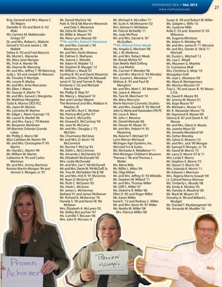 NORTHWOOD IDEA • FALL 2012
                                                                                                               www.northwood.edu                             27

Brig. General and Mrs. Wayne C.       Mr. Daniel Martino ‘06                   Mr. Michael A. McLellan ‘71             Susan A. ‘09 and Robert W. Miller
   ‘85 Majors                         Patti A. ‘04 & ‘08 Marvin-Wesenick       Mr. Scott A. McMenamin ‘02              Ms. Gidgett L. Mills ‘10
Danielle A. ‘05 and Brett A. ‘02           and Dale S. Wesenick                Mrs. Denise H. McNaboe                  Ms. Suzanne Mills
   Maki                               Ms. Edna M. Mason ‘10                    Mr. Patrick McNeilly ‘11                Kelly E. ‘03 and Branimir D. ‘03
Ms. Carmen M. Maldonado-              Mr. Willie A. Mason ‘95                  Ms. Judy McPhee                             Milosevic
   Griego ‘07                         Ms. Mary Lynn Massey ‘09                 Mr. and Mrs. Daniel A. ‘87              Ms. Eugenia Minitsios
Dr. and Mrs. Robert L. Malecki        [59]
                                           Mr. and Mrs. Roland V. Massimino         McQuillen                          Mr. Adam H. Minkley ‘96
Ginnel V. ‘03 and Jackie L. ‘08       Mr. and Mrs. Conrad J. ‘94               [59]
                                                                                    Ms. Deborah Fisher Meade           Mr. and Mrs. James R. ‘71 Minnick
   Mallett                                 Masterson, III                      Ms. Angela G. Mecham ‘98                Mr. and Mrs. Dexter A. ‘08 & ‘11
Debra A. ‘93 and Fred Mancini         Mr. and Mrs. Karlis Mateus               Ms. J. M. Medema                            Mitchell
Ms. Muriel L. Manecke                 Mr. Delmer E. Mathews                    Mr. and Mrs. Robert Meek                Mr. Dustin L. Mitchell ‘12
Ms. Mary Jane Manges                  Ms. Jeanne L. Matullo                    Mr. Ronak Mehta ‘07                     Ms. Lisa C. Mizell
Ms. Trish A. Manke ‘96                Mr. Adam N. Matzke ‘12                   Dan Meihls Well Drilling                Ms. Maureen G. Moehle
Ms. Dianna M. Manning                 Mr. Stephen B. Mauger ‘12                Ms. Lisa Meihls                         Dr. Constance Moll
Mr. and Mrs. Jeffrey T. ‘99 Manning   Mr. William J. Mault ‘07                 Ms. Carmen P. Mendez ‘96                Mrs. Christina G. Moly ‘10
Judy L. ‘83 and Joseph R. Manson      Cynthia B. ‘83 and David Maxsimic        Mr. and Mrs. Marvin E. ‘94 Mendez       Mongolian Grill
Mr. Timothy P. Mantyla                Mr. and Mrs. Donald ‘00 Maxwell          Mrs. Susana L. Mendoza ‘11              Mr. Juan L. Montano ‘09
Ms. Louise R. Marba                   Janet H. ‘02 and Tonnie R. May           Melissa A. ‘93 and Paul W.              Ms. Mary B. Montgomery
Mr. and Mrs. Artie Marcarian          Kimberly S. ‘02 and Michael                   Menghini                           Ms. Monica Monzon ‘07
Ms. Ellen J. Mares                         Patrick May                         Mr. and Mrs. Matt C. ‘85 Menotti        Traci L. ‘95 and Jason B. ‘95 Moon,
Mr. George A. Marfo ‘79               Mr. Phillip D. May ‘07                   Ms. Joyce A. Mercer                         C.P.A.
Mr. and Mrs. Gerard J. Margiotta      Ms. Marcy L. Maynard ‘10                 Ms. Tara M. Merchant ‘10                Mr. David R. Moore ‘85
Mr. Matthew Margiotta                 Ben and Carolyn Mayne                    Ms. Mary Mercurio                       Mr. Jeremy W. Moore ‘01
Todd A. Marino DDS PLC                The Reverend and Mrs. Wallace H.         Merle Norman Cosmetic Studios           Ms. Kaye Moore ‘97
Ms. Joyce M. Marino                        Mayton, III                         Mr. and Mrs. Joseph R. ‘92 Merrell      Mr. Michael L. Moore ‘12
Ms. Lynnetta M. Marino                Mr. and Mrs. Burt C. McAtee              John G. Mertz and Associates CPA PC     Mr. R. Alexander Moore ‘76
Mr. Edgar L. Maris Gramajo ‘10        Ms. Patricia McCarthy ‘07                Mr. Louis R. Merz                       Mr. Raymond B. Moore ‘00
Ms. Laurel A. Markel ‘06              Ms. Sarah E. McCarthy                    Mr. John J. Messina                     Glenna B. ‘87 and David A. ‘87
Mr. and Mrs. Gary J. ‘79 Marker       Mr. Howard E. McCartney ‘94              Mr. Daniel Metsala ‘06                      Moose
Mr. Benjamin Markham                  Ms. Joan M. McCarty                      Mr. Steven M. Meyer ‘91                 Mr. and Mrs. Glenn A. Moots
JW Marriott Orlando Grande            Mr. and Mrs. Douglas J. ‘72              Mr. and Mrs. Robert H. ‘81              Ms. Juanita Mora ‘05
   Lakes                                   McClain                                  Meyering                           Ms. Annette Moreland ‘09
Mr. Phillip E. Marro ‘08              Ms. Charmaine McCleve                    Ms. Kearrie F. Michael ‘07              Ms. Esther Moreley
Miss Cathleen M. Martin ‘09           Mr. and Mrs. D. Kevin ‘76                Lynn Mercer Michaud                     Ms. Sylvia D. Moreno ‘10
Mr. and Mrs. Christopher P. ‘95            McCormick                           Michigan Agri-Systems, Inc.             Mr. and Mrs. Jack ‘90 Morgan
   Martin                             Mr. Ronnie F. McCoy ‘83                  Microtel Inn & Suites                   Mr. Samuel P. Morgan, Jr. ‘10
Mr. Harold L. Martin ‘99              Ms. Edith L. McCrimmon                   Ms. Michaela A. Middleton ‘11           Mr. David W. Morris ‘75
Mr. William M. Martin                 Ms. Amanda J. McDaniels ‘02              Mid-Michigan Children’s Museum          Mr. Larry D. Morris ‘07 & ‘11
Catherine A. ‘93 and Carlos           Ms. Elizabeth McDonald ‘00               Theresa J. ‘96 and Thomas J.            Mrs. Linda F. Morris
   Martinez                           Mrs. Leslie McDonald                          Mieler                             Mr. Stephen E. Morris ‘72
Mr. and Mrs. Jimmy Martinez           Mr. and Mrs. Lee F. ‘68 McDonell         Ms. Maria Mila                          Mr. Steven S. Morris ‘04
Kemba Martin-Morgan ‘94 and           Mr. and Mrs. Dariet M. ‘99 McDuff, Sr.   Mr. Willie L. Miles ‘04                 Mrs. Yolanda R. Morris ‘11
   Vernon S. Morgan, Jr. ‘97          Ms. Tina M. McFadden ‘06 & ‘08           Ms. Olga Milian                         Mr. Edward J. Morrison
                                      Mr. and Mrs. Kirk R. ‘91 McGinnis        Mr. and Mrs. Jeffrey D. ‘93 Militello   Mrs. Algeria Morris-Sowah ‘09
                                      Mr. Ryan D. McGinty ‘07                  Mr. Stephen W. Millard ‘11              Lt. Colonel Nancy Morrow
                                      Ms. Ruth C. McGown ‘05                   Mr. and Mrs. Thomas Miller              Ms. Timberly L. Mosely ‘08
                                      Ms. Heidi L. McGuire                     Mr. Cliff C. Miller ‘07                 Ms. Emily A. Mosher ‘05
                                      Mr. James L. McInerney                   Ms. Deborra R. Miller ‘06               Ms. Pamela A. Moultrie ‘09
                                      Barbara ‘01 and James McKeever           Ellen D. ‘85 and Roger Miller           Mr. Mark W. Moyers ‘01
                                      Mr. Richard K. McKenney ‘76              Ms. Karen Miller                        Dorothy A. ‘89 and Willard L.
                                      Pamela S. ‘90 and Kevin W. ‘86           Karol E. ‘12 and Rodney C. Miller           Mudget
                                           McKeon                              Mr. and Mrs. Kevin M. ‘07 Miller        Mr. Donald T. Mudzengerere ‘04
                                      Mrs. Elizabeth A. McLaren ‘05            Ms. Noelia M. Miller ‘08                Ms. Amanda M. Mueller ‘10
                                      Ms. Kelley McLauchan ‘97                     Mrs. Patricia Miller ‘08
                                      Ms. Camille T. McLean ‘06
                                      Mrs. John R. McLean, II
 