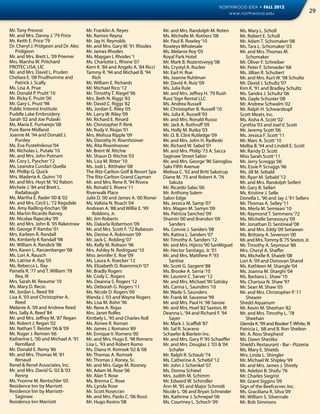 NORTHWOOD IDEA • FALL 2012
                                                                                                           www.northwood.edu                           29


Mr. Tony Prevost                      Mr. Franklin A. Reyes                  Mr. and Mrs. Randolph M. Roten       Ms. Mary L. Scholl
Mr. and Mrs. Danny J. ‘79 Price       Mr. Ramiro Reyna                       Ms. Michelle M. Rottiers ‘08         Mr. Robert E. Scholl
Mr. Keith E. Price ‘79                Mr. Jay H. Reynolds                    Mr. Paul R. Rowley ‘10               Mr. Adam T. Schomaker ‘08
Dr. Cheryl J. Pridgeon and Dr. Alec   Mr. and Mrs. Gary W. ‘91 Rhodes        Rowleys Wholesale                    Ms. Tara L. Schomaker ‘03
   Pridgeon                           Mr. James Rhodes                       Ms. Melanie Roy ‘05                  Mr. and Mrs. Thomas M.
Mr. and Mrs. Brett L. ‘09 Priemer     Ms. Maygan L Rhodes ‘1                 Royal Park Hotel                        Schomaker
Mrs. Marsha W. Pritchard              Ms. Charlotte L. Rhone ‘07             Mr. Mark B. Rozentsveyg ‘08          Mr. Oliver F. Schreiber
PROTEC USA, LlC                       Kerri K. ‘84 and Angelo A. ‘84 Ricci   Ms. Crystyl A. Rucker                Mr. Peter F. Schroeder ‘68
Mr. and Mrs. David L. Pruden          Tammy R. ‘94 and Michael B. ‘94        Mr. Earl H. Rue                      Ms. Jillian R. Schubert
Chelsea E. ‘08 Prudhomme and             Rich                                Ms. Joanne Ruhlman                   Mr. and Mrs. Kurt W. ‘98 Schulte
   Patrick J. Scally                  Mr. William E. Richards                Mr. David A. Ruiz ‘09                Mr. David J. Schultz ‘07
Ms. Lisa A. Prue                      Mr. Michael Rico ‘12                   Ms. Julia Rule                       Kim K. ‘91 and Bradley Schultz
Mr. Donald P. Pruitt ‘10              Mr. Timothy T. Riegel ‘96              Mr. and Mrs. Jeffrey H. ‘79 Rush     Ms. Sandra J. Schultz ‘06
Mr. Ricky E. Pruitt ‘00               Mrs. Beth N. Riggs ‘83                 Russ’ Sign Rental LLC                Ms. Gayle Schuster ‘08
Mr. Gary L. Prust ‘98                 Mr. David C. Riggs ‘82                 Ms. Andrea Russell                   Mr. Andrew Schwalm ‘02
Public Interest Institute             Ms. Jordan E. Riley ‘05                Mr. Christopher B. Russell ‘10       Mr. Ralph H. Schwarzkopf
Puddle Lake Embroidery                Mr. Larry W. Riley ‘09                 Ms. Julia K. Russell ‘93             Scott Meats, Inc.
Sarah ‘02 and Joe Pulaski             Mr. Richard E. Rinard                  Mr. and Mrs. Ronald Russo            Ms. Aisha A. Scott ‘02
Ms. Maria E. Pumarejo ‘08             Mr. Christopher P. Rink                Mr. Jack A. Ruthruff ‘09             Cynthia ‘03 and Joel V. Scott
Pure Barre Midland                    Mr. Rudy V. Riojas ‘01                 Ms. Holly M. Rutka ‘03               Mr. Jeremy Scott ‘06
Joanne M. ‘94 and Donald J.           Mrs. Melissa Ripple ‘09                Mr. O. B. Clint Rutledge ‘09         Ms. Jessica F. Scott ‘11
   Pursley                            Ms. Dorothy H. Risenhoover             Mr. and Mrs. John H. Rydleski        Mr. Marc A. Scott ‘10
Ms. Eva Pustelnikova ‘04              Ms. Rita Risenhoover                   Mr. Richard W. Sabol ‘01             Melba B. ‘94 and Lindell E. Scott
Mr. Nicholas L. Putala ‘10            Mr. Brent W. Ritchie                   Mr. and Mrs. Philip ‘73 A. Sacca     Mr. Randy D. Scott
Mr. and Mrs. John Putnam              Mr. Shaun D. Ritchie ‘03               Saginaw Street Salon                 Miss Sarah Scott ‘11
Mr. Cory L. Pyscher ‘12               Ms. Lisa M. Ritter ‘10                 Mr. and Mrs. George ‘96 Sairoglou    Mr. Jerry Scroggs ‘06
Ms. Leandra Cundari Quella            Ms. Jodi L. Ritthaler ‘08              Saks Fifth Avenue                    Ms. Essie P. Scruggs ‘96
Mr. Phillip G. Quick                  The Ritz-Carlton Golf & Resort Spa     Melissa C. ‘92 and Britt Sakstrup    Ms. Jill M. Sebald
Mrs. Maderia A. Quinn ‘10             The Ritz-Carlton Grand Cayman          Diane M. ‘75 and Robert A. ‘76       Mr. Ryan M. Sebald ‘12
Mr. and Mrs. Hoyt M. ‘92 Rabon        Mr. and Mrs. Rene R. ‘94 Rivera           Sakuta                            Mr. and Mrs. Randolph Seifert
Michele J. ‘84 and Brett L.           Mr. Ronald S. Rivera ‘11               Mr. Ricardo Salas ‘06                Mr. Gary B. Sellari
   Radabaugh                          Riverwalk Place                        Mr. Anthony Salem                    Ms. Kristine J. Selle
Ms. Martha E. Rader ‘00 & ‘02         Julie D. ‘00 and James A. ‘00 Rixner   Salon Edge                           Donella L. ‘90 and Jay J. ‘91 Sellers
Mr. and Mrs. Cecil L. ‘72 Ragsdale    Ms. VaKeia N. Roach ‘04                Ms. Jessica M. Samp ‘07              Mr. Thomas A. Selley ‘11
Ms. Amy Railling-Kochan ‘08           Andrean A. ‘88 and Willie E. ‘99       Mrs. Magen M. Samyn ‘09              Ms. Merla M. Semiean ‘10
Mr. Martin Ricardo Rainey                Robbins, Jr.                        Ms. Patricia Sanchez ‘09             Mr. Raymond T. Semmens ‘72
Mr. Nicolae Rajeczky ‘09              Mr. Jim Roberts                        Shamin ‘00 and Brandon ‘09           Ms. Michelle Senesoury ‘09
Mr. and Mrs. John B. ‘95 Rakestraw    Ms. Dakarla Robertson ‘09                 Sanders                           Mr. Jonathan D. Sentineal ‘08
Mr. George P. Rambo ‘01               Mr. and Mrs. Scott F. ‘72 Robeson      Ms. Connie J. Sanders ‘08            Mr. and Mrs. Eddy ‘09 Setiawan
Mrs. Karleen R. Randall               Ms. Denise A. Robinson ‘09             Ms. Katina L. Sanders ‘07            Ms. Brittany A. Severson ‘00
Ms. Kimberly K Randall ‘98            Mr. Jack C. Robling ‘07                Mr. Timothy A. Sanders ‘12           Mr. and Mrs. Tommy B. ‘75 Sexton, Jr.
Mr. William A. Randick ‘98            Ms. Kelly M. Robson ‘96                Mr. and Mrs. Hijinio ‘90 SanMiguel   Mr. Timothy A. Seymour ‘88
Mrs. Karen L. Ranzenberger ‘08        Mrs. Ashley N. Rodriguez ‘10           Mr. Hector Santiago, Jr. ‘01         Mrs. Cheryl A. Shaffer
Ms. Lori A. Rausch                    Miss Jennifer E. Roe ‘09               Mr. and Mrs. Matthew P. ‘93          Ms. Michelle R. Shaieb ‘08
Ms. Latrise A. Ray ‘05                Ms. Laura A. Roecker ‘12                  Santise                           Lori A. ‘09 and Donovan Shand
Ms. Rebecca L. Ray                    Ms. Elizabeth D. Roemmich ‘07          Mr. Scott G. Sargent ‘88             Ms. Kathleen M. Shangle ‘04
Pamela R. ‘77 and T. William ‘78      Mr. Bradly Rogers                      Ms. Brooke A. Sarria ‘10             Ms. Joanna M. Sharghi ‘04
   Rea, III                           Mr. Cody C. Rogers                     Mr. Laurent C. Sarver ‘12            Ms. Barbara L. Shaw ‘10
Mrs. Sarah M. Reaume ‘10              Ms. Deanna S. Rogers ‘12               Mr. and Mrs. Michael ‘90 Satisky     Ms. Charissa N. Shaw ‘97
Ms. Mary D. Recio                     Ms. Deborah G. Rogers ‘11              Ms. Carina L. Saunders ‘10           Mr. Sean M. Shaw ‘05
Mr. Jordan L. Reed ‘09                Ms. Nicole D. Rogers ‘00               Mr. Wade S. Saunders                 Mr. and Mrs. Christopher P. ‘11
Lisa A. ‘03 and Christopher A.        Wanda J. ‘03 and Wayne Rogers          Mr. Frank M. Savarese ‘99               Shearer
   Reed                               Ms. Lisa M. Rohn ‘96                   Mr. and Mrs. Paul H. ‘98 Savoie      Shedd Aquarium
Melanie A. ‘09 and Andrew Reed        Mr. Rene A. Rojas                      Mr. and Mrs. Huel ‘82 Saxton, III    Mr. Kevin M. Sheehan ‘82
Mrs. Sally A. Reed ‘84                Mrs. Janet Rolfes                      Deanna L. ‘94 and Richard F. ‘94     Mr. and Mrs. Timothy L. ‘78
Mr. and Mrs. Jeffrey M. ‘87 Regan     Kimbely L. ‘95 and Charles Roll           Sayer                                Sheehan
Mr. Robert J. Regan ‘02               Ms. Aimee R. Roman                     Mr. Mark J. Scaffidi ‘87             Glenda K. ‘99 and Booker T. White, III
Mr. Nathan T. Reister ‘06 & ‘09       Mr. James J. Romano ‘89                Mr. Sal R. Scarano                   Patricia L. ‘68 and B. Ron Shelton
Mr. Roger J. Remien ‘66               Mr. Enrique V. Romero ‘00              Schaefer & Bierlein Inc.             Mr. A. Ross Shepherd
Katherine L. ‘00 and Michael A. ‘91   Mr. and Mrs. Hugo E. ‘98 Romero        Mr. and Mrs. Gary P. ‘95 Schaeffer   Ms. Dawn Shestko
   Remillard                          Lisa L. ‘93 and Robert Romo            Mr. and Mrs. Douglas J. ‘03 & ‘04    Shield’s Restaurant - Bar - Pizzeria
Mr. Donald E. Remy ‘86                Ms. Diana H. Romsek ‘02 & ‘08             Schafer                           Ms. Mary E. Shields
Mr. and Mrs. Thomas M. ‘81            Mr. Thomas A. Romsek                   Mr. Ralph R. Schaub ‘74              Mrs. Linda L. Shingler
   Renaud                             Mr. Thomas J. Roney, Sr.               Ms. Catherine A. Schebil ‘12         Mr. Michael W. Shipley ‘99
Renel & Renel Associates, Inc.        Mr. and Mrs. Gage M. Rooney            Mr. John J. Schenkel ‘07             Mr. and Mrs. James J. Shirely
Mr. and Mrs. David G. ‘02 & ‘03       Mr. Adam M. Rose ‘06                   Ms. Donna Schieel                    Mr. Adebisi B. Shofu ‘76
   Renny                              Mr. Alan T. Rose                       Mrs. Judith M. Schimm                Mr. Charles Siegrist
Ms. Yvonne M. Rentschler ‘05          Ms. Brenna C. Rose                     Mr. Edward W. Schindler              Mr. Grant Siggins ‘09
Residence Inn by Marriott             Ms. Lynda Rose                         Ann M. ‘95 and Major Schmidt         Sign of the Beefcarver, Inc.
Residence Inn by Marriott-            Mr. Scott Rosecran                     Nicole L. ‘06 and Bryan Schneider    Ms. Graciliana R. Silva ‘09
   Saginaw                            Mr. and Mrs. Paolo C. ‘06 Rossi        Ms. Kathrine J. Schnepel ‘06         Mr. William S. Silvernale
Residence Inn Marriott                Mr. Hugo Rostro ‘08                    Ms. Courtney L. Schoch ‘09           Mr. Bob Simmons
 