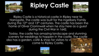 Ripley Castle
Ripley Castle is a historical castle in Ripley near to
Harrogate. The castle was built for the Ingelbery Family
during the 12th and 13th centuries. The castle has been the
home of Oliver Cromnwell when he stay here as a guest
during the Civil War in 1642.
Today, the castle has amazing landscape and stunning
scenery for weddings to happen in the castle. The castle
also has a garden, café & shop for visitors to visit when they
come to Ripley Castle.
 