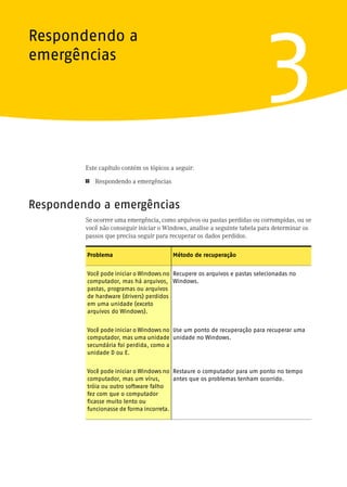 Respondendo a
emergências
                                                                          3
         Este capítulo contém os tópicos a seguir:

         1   Respondendo a emergências


Respondendo a emergências
         Se ocorrer uma emergência, como arquivos ou pastas perdidas ou corrompidas, ou se
         você não conseguir iniciar o Windows, analise a seguinte tabela para determinar os
         passos que precisa seguir para recuperar os dados perdidos.

         Problema                         Método de recuperação


         Você pode iniciar o Windows no Recupere os arquivos e pastas selecionadas no
         computador, mas há arquivos, Windows.
         pastas, programas ou arquivos
         de hardware (drivers) perdidos
         em uma unidade (exceto
         arquivos do Windows).


         Você pode iniciar o Windows no Use um ponto de recuperação para recuperar uma
         computador, mas uma unidade unidade no Windows.
         secundária foi perdida, como a
         unidade D ou E.


         Você pode iniciar o Windows no Restaure o computador para um ponto no tempo
         computador, mas um vírus,       antes que os problemas tenham ocorrido.
         tróia ou outro software falho
         fez com que o computador
         ficasse muito lento ou
         funcionasse de forma incorreta.
 