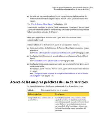 Copia de seguridad de equipos remotos desde el equipo   125
                                               Acerca de las mejores prácticas de uso de servicios



           ■   Permite que los administradores hagan copias de seguridad de equipos de
               forma remota en toda la empresa desde Norton Ghost ejecutándose en otro
               equipo.
           Ver "Uso de Norton Ghost Agent " en la página 123.
           Para usar las funciones de Norton Ghost, debe iniciar y configurar Norton Ghost
           Agent correctamente. Permite administrar y solucionar problemas del agente con
           la herramienta de servicios de Windows.


           Nota: Para administrar Norton Ghost Agent, debe iniciar sesión como
           administrador local.

           Permite administrar Norton Ghost Agent de las siguientes maneras:
           ■   Inicio, detención o deshabilitación de Norton Ghost Agent en equipos locales
               y remotos.
               Ver "Inicio o detención del servicio de Norton Ghost Agent" en la página 127.
           ■   Configuración del nombre de usuario y la contraseña que usa Norton Ghost
               Agent.
               Ver "Control de acceso a Norton Ghost " en la página 129.
           ■   Configuración de acciones de recuperación que ocurren si Norton Ghost Agent
               no se puede iniciar.
               Por ejemplo, puede reiniciar Norton Ghost Agent automáticamente o reiniciar
               el equipo.
               Ver "Configuración de acciones de recuperación cuando no se inicia Norton
               Ghost Agent" en la página 128.



Acerca de las mejores prácticas de uso de servicios
           La siguiente tabla describe algunas mejores prácticas de uso de servicios.

           Tabla 9-1         Mejores prácticas de uso de servicios

           Mejores prácticas                     Descripción

           Compruebe la ficha Eventos antes de   La ficha Eventos en la vista Avanzada puede
           usar Servicios.                       ayudarlo a rastrear el origen de un problema,
                                                 especialmente cuando se asocia con Norton Ghost
                                                 Agent. Debe ver las entradas de registro más
                                                 recientes de la ficha Eventos para obtener más
                                                 información sobre las causas potenciales del
                                                 problema.
 