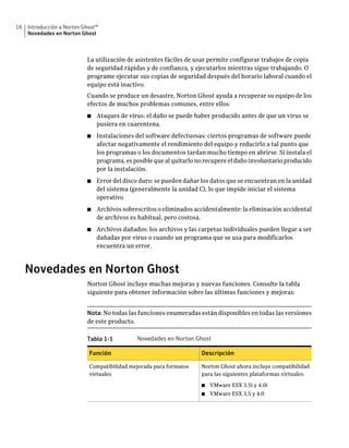 16   Introducción a Norton Ghost™
     Novedades en Norton Ghost



                            La utilización de asistentes fáciles de usar permite configurar trabajos de copia
                            de seguridad rápidas y de confianza, y ejecutarlos mientras sigue trabajando. O
                            programe ejecutar sus copias de seguridad después del horario laboral cuando el
                            equipo está inactivo.
                            Cuando se produce un desastre, Norton Ghost ayuda a recuperar su equipo de los
                            efectos de muchos problemas comunes, entre ellos:
                            ■   Ataques de virus: el daño se puede haber producido antes de que un virus se
                                pusiera en cuarentena.
                            ■   Instalaciones del software defectuosas: ciertos programas de software puede
                                afectar negativamente el rendimiento del equipo y reducirlo a tal punto que
                                los programas o los documentos tardan mucho tiempo en abrirse. Si instala el
                                programa, es posible que al quitarlo no recupere el daño involuntario producido
                                por la instalación.
                            ■   Error del disco duro: se pueden dañar los datos que se encuentran en la unidad
                                del sistema (generalmente la unidad C), lo que impide iniciar el sistema
                                operativo
                            ■   Archivos sobrescritos o eliminados accidentalmente: la eliminación accidental
                                de archivos es habitual, pero costosa.
                            ■   Archivos dañados: los archivos y las carpetas individuales pueden llegar a ser
                                dañadas por virus o cuando un programa que se usa para modificarlos
                                encuentra un error.



     Novedades en Norton Ghost
                            Norton Ghost incluye muchas mejoras y nuevas funciones. Consulte la tabla
                            siguiente para obtener información sobre las últimas funciones y mejoras:


                            Nota: No todas las funciones enumeradas están disponibles en todas las versiones
                            de este producto.

                            Tabla 1-1         Novedades en Norton Ghost

                             Función                                  Descripción

                             Compatibilidad mejorada para formatos    Norton Ghost ahora incluye compatibilidad
                             virtuales                                para las siguientes plataformas virtuales:

                                                                      ■   VMware ESX 3.5i y 4.0i
                                                                      ■   VMware ESX 3.5 y 4.0
 