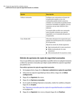 86   Copia de seguridad de unidades enteras
     Definición de una copia de seguridad basada en unidades




                             Opción                                  Descripción

                             Utilizar contraseña                     Configura una contraseña en el punto de
                                                                     recuperación cuando se crea. Las
                                                                     contraseñas pueden incluir caracteres
                                                                     estándar. Las contraseñas no pueden incluir
                                                                     caracteres extendidos ni símbolos. (Use los
                                                                     caracteres con un valor ASCII de 128 o
                                                                     inferior).

                                                                     Un usuario debe escribir esta contraseña
                                                                     antes de poder restaurar una copia de
                                                                     seguridad o ver el contenido del punto de
                                                                     recuperación.

                             Usar cifrado AES                        Cifra datos del punto de recuperación para
                                                                     agregar otro nivel de protección a sus puntos
                                                                     de recuperación.
                                                                     Elija de los niveles de cifrado siguientes:

                                                                     ■   Bajo (contraseña de 8 o más caracteres)
                                                                     ■ Medio (contraseña de 16 o más
                                                                       caracteres)
                                                                     ■ Alto (contraseña de 32 caracteres o más)




                            Edición de opciones de copia de seguridad avanzadas
                            Una vez que defina una copia de seguridad, es posible volver en cualquier momento
                            y editar las opciones avanzadas que eligió cuando definió la copia de seguridad
                            por primera vez.
                            Para editar opciones de copia de seguridad avanzadas
                            1    En la página Inicio, haga clic en Ejecutar o administrar copias de seguridad.
                            2    Seleccione la copia de seguridad que desea editar y haga clic en Editar
                                 configuración.
                            3    Haga clic en Siguiente dos veces.
                            4    Haga clic en Opciones avanzadas.
                            5    En el cuadro de diálogo Opciones avanzadas, realice los cambios y después
                                 haga clic en Aceptar.
                                 Ver "Opciones avanzadas para las copias de seguridad basadas en unidades"
                                 en la página 85.
                            6    Haga clic en Siguiente tres veces y después haga clic en Finalizar.
 