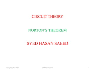 CIRCUIT THEORY
NORTON’S THEOREM
Friday, July 26, 2019 1syed hasan saeed
SYED HASAN SAEED
 