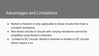 Advantages and Limitations
● Norton's theorem is only applicable to linear circuits that have a
constant resistance.
● Non-linear circuits or circuits with varying resistance cannot be
simplified using Norton's theorem.
● Limited to DC circuits: Norton's theorem is limited to DC circuits,
which means it ca
 