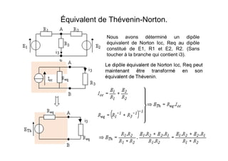 Équivalent de Thévenin-Norton.
Nous avons déterminé un dipôle
équivalent de Norton Icc, Req au dipôle
constitué de E1, R1 et E2, R2. (Sans
toucher à la branche qui contient i3).
Le dipôle équivalent de Norton Icc, Req peut
maintenant être transformé en son
équivalent de Thévenin.
 
