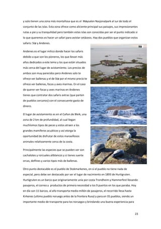 23
y solo tienen una zona más montañosa que es el Møysalen Nasjonalpark al sur de todo el
conjunto de las islas. Esta zona ofrece como aliciente principal sus paisajes, sus impresionantes
rutas a pie y su tranquilidad pero también estas islas son conocidas por ser el punto indicado si
lo que queremos es hacer un safari para avistar cetáceos. Hay dos pueblos que organizan estos
safaris: Stø y Andenes.
Andenes es el lugar mítico donde hacer los safaris
debido a que son los pioneros, los que llevan más
años dedicados a este tema y los que están situados
más cerca del lugar de avistamiento. Los precios de
ambos son muy parecidos pero Andenes solo te
ofrece ver ballenas y el de Stø por el mismo precio te
ofrece ver ballenas, focas y aves marinas. En el caso
de querer ver focas y aves marinas en Andenes
tienes que contratar dos safaris extras (que parten
de pueblos cercanos) con el consecuente gasto de
dinero.
El lugar de avistamiento es en el Cañon de Bleik, una
zona de 2 km de profundidad, al cual llegan
muchísimos tipos de peces y estos atraen a los
grandes mamíferos acuáticos y así otorga la
oportunidad de disfrutar de estos maravillosos
animales relativamente cerca de la costa.
Principalmente las especies que se pueden ver son
cachalotes y rorcuales aliblancos y si tienes suerte
orcas, delfines y varios tipos más de ballenas.
Otro punto destacable es el pueblo de Stokmarkenes, en sí el pueblo no tiene nada de
especial, pero debe ser destacado por ser el lugar de nacimiento en 1893 de Hurtigruten.
Hurtigruten es un barco que originariamente unía por costa Trondheim y Hammerfest llevando
pasajeros, el correo y productos de primera necesidad a los 9 puertos en los que paraba. Hoy
en día son 11 barcos, al año transporta medio millón de pasajeros, el recorrido lleva hasta
Kirkenes (ultimo pueblo noruego antes de la frontera Rusa) y para en 35 pueblos, siendo un
importante medio de transporte para los noruegos y brindando una buena experiencia para
Stø
 