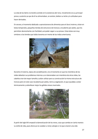 27
La vida de los Sámis no tendría sentido sin la existencia del reno, inicialmente era su principal
presa y sustento ya que de él se alimentaban, se vestían, bebían su leche y la utilizaban para
hacer derivados.
En verano, el momento dedicado a aprovisionarse de alimentos para el duro invierno, vivían en
kotas temporales, pequeñas tiendas de estructura de troncos y recubierta por pieles, que les
permitían desmontarlas con facilidad y así poder seguir a sus presas. Estas kotas son muy
similares a las tiendas que todos tenemos en mente de los indios americanos.
Durante el invierno, época de sociabilización, era el momento en que los miembros de las
siidas debatían sus problemas internos y se relacionaban con miembros de otras siidas, las
cabañas eran de mayor tamaño y solían utilizar para su construcción la misma estructura de
troncos pero en este caso recubierta por pieles, tierra y vegetación, lo que ayudaba a aislar
térmicamente y sobrellevar mejor los gélidos meses invernales.
A partir del siglo XVI empezó la domesticación de los renos, cosa que cambio en cierta manera
su estilo de vida, pues ahora ya no cazaban a renos salvajes si no que crearon una vida
 