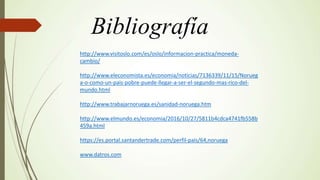 Bibliografía
http://www.visitoslo.com/es/oslo/informacion-practica/moneda-
cambio/
http://www.eleconomista.es/economia/noticias/7136339/11/15/Norueg
a-o-como-un-pais-pobre-puede-llegar-a-ser-el-segundo-mas-rico-del-
mundo.html
http://www.trabajarnoruega.es/sanidad-noruega.htm
http://www.elmundo.es/economia/2016/10/27/5811b4cdca4741fb558b
459a.html
https://es.portal.santandertrade.com/perfil-pais/64,noruega
www.datros.com
 
