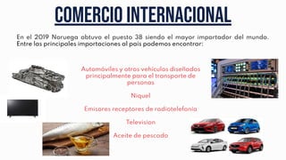 Comercio internacional
En el 2019 Noruega obtuvo el puesto 38 siendo el mayor importador del mundo.
Entre las principales importaciones al país podemos encontrar:
Automóviles y otros vehículos diseñados
principalmente para el transporte de
personas
Niquel
Emisores receptores de radiotelefonía
Television
Aceite de pescado
 