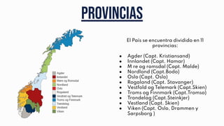 PROVINCIAS
El País se encuentra dividido en 11
provincias:
● Agder (Capt. Kristiansand)
● Innlandet (Capt. Hamar)
● M re og romsdal (Capt. Molde)
● Nordland (Capt.Bodo)
● Oslo (Capt. Oslo)
● Rogaland (Capt. Stavanger)
● Vestfold og Telemark (Capt.Skien)
● Troms og Finnmark (Capt.Tromso)
● Trondelag (Capt.Steinkjer)
● Vestland (Capt. Skien)
● Viken (Capt. Oslo, Drammen y
Sarpsborg )
 