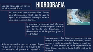 Hidrografia
Los ríos noruegos son cortos,
rápidos y caudalosos.
Las cascadas son innumerables. Tienen
una alimentación nival, por lo que la
época en la que llevan más agua es en el
verano, durante el deshielo.
El principal río noruego es el Glomma,
que tiene 611 km de longitud. Nace al
sur de ﬁordo de Trondheim, y
desemboca en el Skagerrak, junto a
Fredrikstad.
Los glaciares y las áreas nevadas se ven por
todo el país, en el sur en las montañas, y en el
centro y norte descienden hasta el nivel del
mar. La más extensa es la de la península de
Greg Fjord, que tiene hasta 1.000 metros de
espesor.
Solo en verano los cuerpos de agua ﬂuyen
ya que el resto del año, la mayoría de los
ríos, cascadas y lagos estan congelados
 