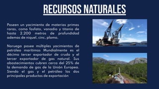 Poseen un yacimiento de materias primas
raras, como fosfato, vanadio y titanio de
hasta 2.200 metros de profundidad
ademas de niquel, cinc, plomo,
Noruega posee múltiples yacimientos de
petróleo marítimos Mundialmente es el
décimo tercer exportador de crudo y el
tercer exportador de gas natural. Sus
abastecimientos cubren cerca del 25% de
la demanda de gas de la Unión Europea.
Siendo el gas y el petróleo los dos
principales productos de exportación
Recursos Naturales
 