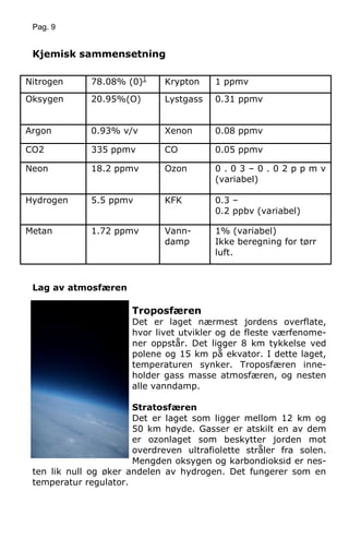 Pag. 9
Kjemisk sammensetning
Lag av atmosfæren
Troposfæren
Det er laget nærmest jordens overflate,
hvor livet utvikler og de fleste værfenome-
ner oppstår. Det ligger 8 km tykkelse ved
polene og 15 km på ekvator. I dette laget,
temperaturen synker. Troposfæren inne-
holder gass masse atmosfæren, og nesten
alle vanndamp.
Stratosfæren
Det er laget som ligger mellom 12 km og
50 km høyde. Gasser er atskilt en av dem
er ozonlaget som beskytter jorden mot
overdreven ultrafiolette stråler fra solen.
Mengden oksygen og karbondioksid er nes-
ten lik null og øker andelen av hydrogen. Det fungerer som en
temperatur regulator.
Nitrogen 78.08% (0)1
Krypton 1 ppmv
Oksygen 20.95%(O) Lystgass 0.31 ppmv
Argon 0.93% v/v Xenon 0.08 ppmv
CO2 335 ppmv CO 0.05 ppmv
Neon 18.2 ppmv Ozon 0 . 0 3 – 0 . 0 2 p p m v
(variabel)
Hydrogen 5.5 ppmv KFK 0.3 –
0.2 ppbv (variabel)
Metan 1.72 ppmv Vann-
damp
1% (variabel)
Ikke beregning for tørr
luft.
 