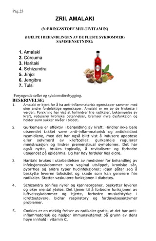 Pag 25
ZRII. AMALAKI
(NÆRINGSSTOFF MULTIVITAMIN)
(HJELPE I BEHANDLINGEN AV DE FLESTE SYKDOMMER)
SAMMENSETNING:
1. Amalaki
2. Cúrcuma
3. Haritaki
4. Schizandra
5. Jínjol
6. Jengibre
7. Tulsi
Foryngende celler og sykdomsforebygging.
BESKRIVELSE:
1. Amalaki er kjent for å ha anti-inflammatorisk egenskaper sammen med
sine andre fordelaktige egenskaper. Amalaki er en av de friskeste i
verden. Forskning har vist at forhindrer frie radikaler, bekjempelse av
kreft, reduserer kroniske betennelser, bremser nyre dysfunksjon og
holder sunn sukker nivåer i blodet.
2. Gurkemeie er effektiv i behandling av kreft. Hindrer ikke bare
utseendet takket være anti-inflammatorisk og antioksidant
rusmidlene, men det har også blitt vist å indusere apoptose
eller selvmord av kreftceller. gurkemeie regulerer
menstruasjon og lindrer premenstrual symptomer. Det har
også nytte, brukes topically, å revitalisere og forbedre
utseendet på epidermis. Og har høy fordeler hos eldre.
3. Haritaki brukes i utarbeidelsen av medisiner for behandling av
infeksjonssykdommer som vaginal utslippet, kroniske sår,
pyorrhea og andre typer hudinfeksjoner; igjen påtar seg å
beskytte leveren toksisitet og skade som kan generere frie
radikaler. Støtter vaskulære funksjonen i diabetes.
4. Schizandra tonifies nyrer og kjønnsorganer, beskytter leveren
og øker mental ytelse. Det tjener til å forbedre funksjonen av
luftveissykdommer og hjerte, forbedre muskelstyrke i
idrettsutøvere, bidrar respiratory og fordøyelsesenzymer
problemer.
5. Cookies er en mektig frelser av radikaler gratis, at det har anti-
inflammatorisk og hjelper immunsystemet på grunn av dens
høye innhold i vitamin C.
 