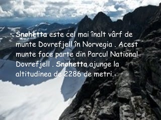 Snøhetta  este cel mai înalt vârf de munte Dovrefjell în Norvegia . Acest munte face parte din Parcul National Dovrefjell .  Snøhetta  ajunge la altitudinea de 2286 de metri.  