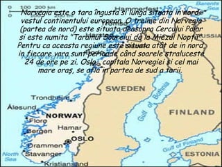 Norvegia este o tara îngusta si lunga situata in nord-vestul continentului european. O treime din Norvegia (partea de nord) este situata deasupra Cercului Polar si este numita "Taramul Soarelui de la Miezul Nopţii". Pentru ca aceasta regiune este situata atât de in nord, in fiecare vara sunt perioade când soarele straluceste 24 de ore pe zi. Oslo , capitala Norvegiei si cel mai mare oraş, se afla in partea de sud a tarii.  