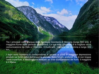 Dal punto di vista fisico
Tra i principali corsi d'acqua della Norvegia ricordiamo il Glomma (lungo 560 km), il
maggiore fiume della penisola scandinava. La sua valle (Østerdal) è la migliore via di
comunicazione tra Oslo e l'Atlantico. Il Gudbrand, tributario del Glomma e lungo 322
km.
I laghi sono numerosi e corrispondono in genere ai punti di maggiore depressione
prodotti nei fondi vallivi dall'erosione glaciale. Sono lunghi, profondi, ma di non troppa
vasta superficie, e assomigliano piuttosto ad aree di espansione dei fiumi. Il maggiore
è il Mjøsa..
 