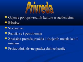  GajenjeGajenje poljoprivrednih kultura u staklenicimapoljoprivrednih kultura u staklenicima
 RibolovRibolov
 StoStoččarstvoarstvo
 Razvija seRazvija se ii petrohemijapetrohemija
 ZnaZnaččajna prerada gvoajna prerada gvožđžđaa ii obojenih metala kao Iobojenih metala kao I
turizamturizam
 Proizvodnja drvne graProizvodnja drvne građđe,celuloze,hartijee,celuloze,hartije
 
