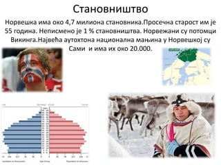Становништво
Норвешка има око 4,7 милиона становника.Просечна старост им је
55 година. Неписмено је 1 % становништва. Норвежани су потомци
Викинга.Највећа аутохтона национална мањина у Норвешкој су
Сами и има их око 20.000.
 