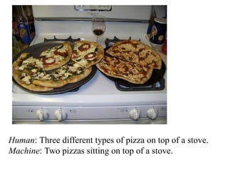 Human: Three different types of pizza on top of a stove.
Machine: Two pizzas sitting on top of a stove.
 