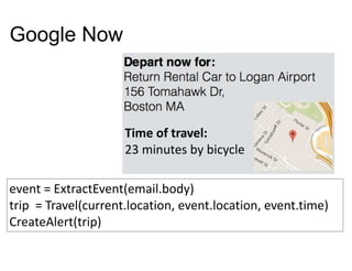 Google Now
Time of travel:
23 minutes by bicycle
event = ExtractEvent(email.body)
trip = Travel(current.location, event.location, event.time)
CreateAlert(trip)
 
