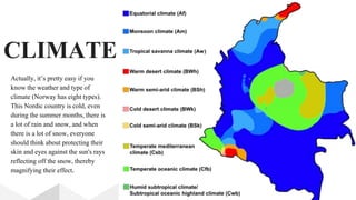 CLIMATE
Actually, it’s pretty easy if you
know the weather and type of
climate (Norway has eight types).
This Nordic country is cold, even
during the summer months, there is
a lot of rain and snow, and when
there is a lot of snow, everyone
should think about protecting their
skin and eyes against the sun's rays
reflecting off the snow, thereby
magnifying their effect.
 