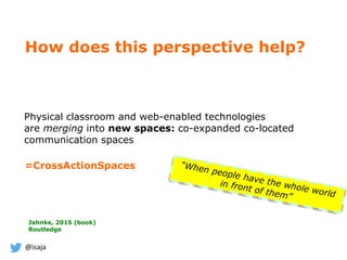 @isaja
=CrossActionSpaces
Physical classroom and web-enabled technologies
are merging into new spaces: co-expanded co-located
communication spaces
Jahnke, 2015 (book)
Routledge
How does this perspective help?
 