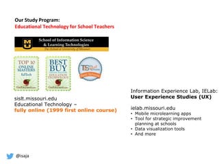@isaja
sislt.missouri.edu
Educational Technology –
fully online (1999 first online course)
Information Experience Lab, IELab:
User Experience Studies (UX)
ielab.missouri.edu
• Mobile microlearning apps
• Tool for strategic improvement
planning at schools
• Data visualization tools
• And more
Our Study Program:
Educational Technology for School Teachers
 