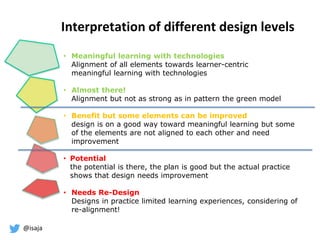@isaja
Interpretation of different design levels
• Meaningful learning with technologies
Alignment of all elements towards learner-centric
meaningful learning with technologies
• Almost there!
Alignment but not as strong as in pattern the green model
• Benefit but some elements can be improved
design is on a good way toward meaningful learning but some
of the elements are not aligned to each other and need
improvement
• Potential
the potential is there, the plan is good but the actual practice
shows that design needs improvement
• Needs Re-Design
Designs in practice limited learning experiences, considering of
re-alignment!
 