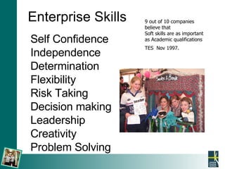 Enterprise Skills Self Confidence Independence Determination Flexibility Risk Taking Decision making Leadership Creativity Problem Solving 9 out of 10 companies believe that Soft skills are as important as Academic qualifications TES  Nov 1997.   