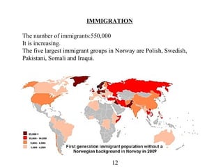 IMMIGRATION
The number of immigrants:550,000
It is increasing.
The five largest immigrant groups in Norway are Polish, Swedish,
Pakistani, Somali and Iraqui.
12
 