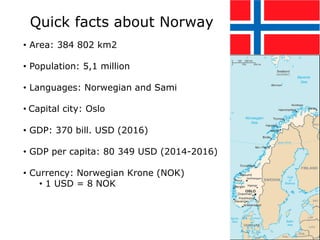Quick facts about Norway
• Area: 384 802 km2
• Population: 5,1 million
• Languages: Norwegian and Sami
• Capital city: Osl...