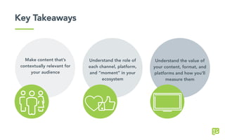 Key Takeaways
Make content that’s
contextually relevant for
your audience
Understand the role of
each channel, platform,
and “moment” in your
ecosystem
Understand the value of
your content, format, and
platforms and how you’ll
measure them
 