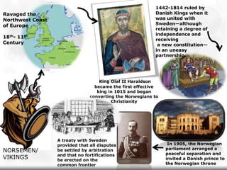 1442-1814 ruled by
Ravaged the                                               Danish Kings when it
Northwest Coast                                           was united with
of Europe                                                 Sweden—although
                                                          retaining a degree of
                                                          independence and
18th- 11th
                                                          receiving
Century                                                    a new constitution—
                                                          in an uneasy
                                                          partnership.




                                    King Olaf II Haraldson
                                  became the first effective
                                   king in 1015 and began
                                converting the Norwegians to
                                         Christianity




                  A treaty with Sweden
                  provided that all disputes                    In 1905, the Norwegian
                                                               parliament arranged a
NORSEMEN/         be settled by arbitration
                                                               peaceful separation and
                  and that no fortifications
VIKINGS           be erected on the                            invited a Danish prince to
                  common frontier                              the Norwegian throne
 