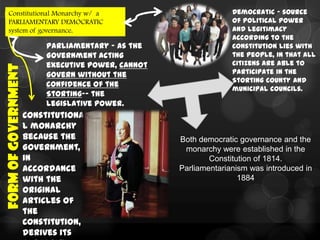 Constitutional Monarchy w/ a                                     Democratic - source
 PARLIAMENTARY DEMOCRATIC                                         of political power
 system of governance.                                            and legitimacy
                                                                  according to the
                          Parliamentary - as the                  Constitution lies with
                          Government acting                       the people, in that all
                          executive power, cannot                 citizens are able to
FORM OF GOVERNMENT



                          govern without the                      participate in the
                                                                  Storting county and
                          confidence of the
                                                                  municipal councils.
                          Storting-- the
                          legislative power.
                     Constitutiona
                     l monarchy
                     because the                    Both democratic governance and the
                     Government,                     monarchy were established in the
                     in                                     Constitution of 1814.
                     accordance                     Parliamentarianism was introduced in
                     with the                                       1884
                     original
                     articles of
                     the
                     Constitution,
                     derives its
 