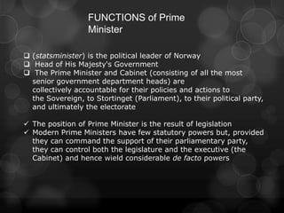 FUNCTIONS of Prime
                  Minister

 (statsminister) is the political leader of Norway
 Head of His Majesty's Government
 The Prime Minister and Cabinet (consisting of all the most
  senior government department heads) are
  collectively accountable for their policies and actions to
  the Sovereign, to Stortinget (Parliament), to their political party,
  and ultimately the electorate

 The position of Prime Minister is the result of legislation
 Modern Prime Ministers have few statutory powers but, provided
  they can command the support of their parliamentary party,
  they can control both the legislature and the executive (the
  Cabinet) and hence wield considerable de facto powers
 