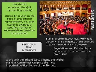 169 elected
  representatives(all
 representing a party)




                                                                    STORTING
elected by county on the
  basis of proportional
representation, i.e. each
   county is awarded a
   specified number of
representatives based on
      its population.

                                 Standing Committees- Most work take
                                 place– where a majority of the changes
              PRESIDIUM          to governmental bills are proposed
                 Head                o Negotations and Debate play a
              6 members                minor role in the outcome of a
                                       given issue

 Along with the private party groups, the twelve
 standing committees comprise the most
 important political bodies of the Storting.
 