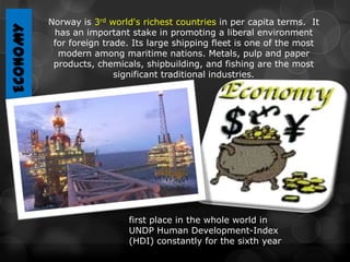 ECONOMY   Norway is 3rd world's richest countries in per capita terms. It
           has an important stake in promoting a liberal environment
           for foreign trade. Its large shipping fleet is one of the most
            modern among maritime nations. Metals, pulp and paper
           products, chemicals, shipbuilding, and fishing are the most
                          significant traditional industries.




                            first place in the whole world in
                            UNDP Human Development-Index
                            (HDI) constantly for the sixth year
 