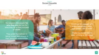 Social Etiquette
(1 of 4)
24
Norwegians like people for
who they are and not for
what they do or their success
or wealth.
They pride themselves on
being honest and sincere in
their personal relationships.
Greetings are casual, with
a firm handshake, direct
eye contact, and a smile.
Shake hands individually
when arriving or departing.
 